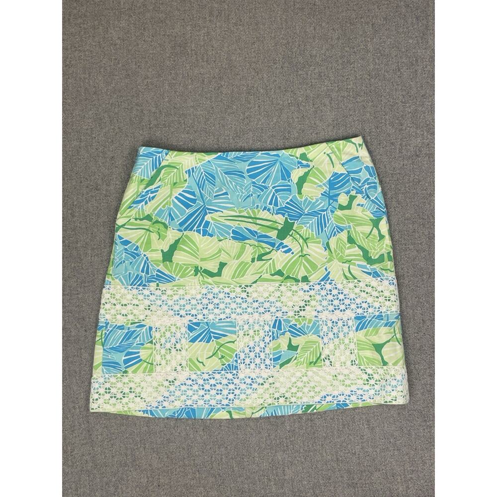 Lilly Pulitzer Embroidered Lace Green Blue Floral Cotton A Line Skirt Size 8